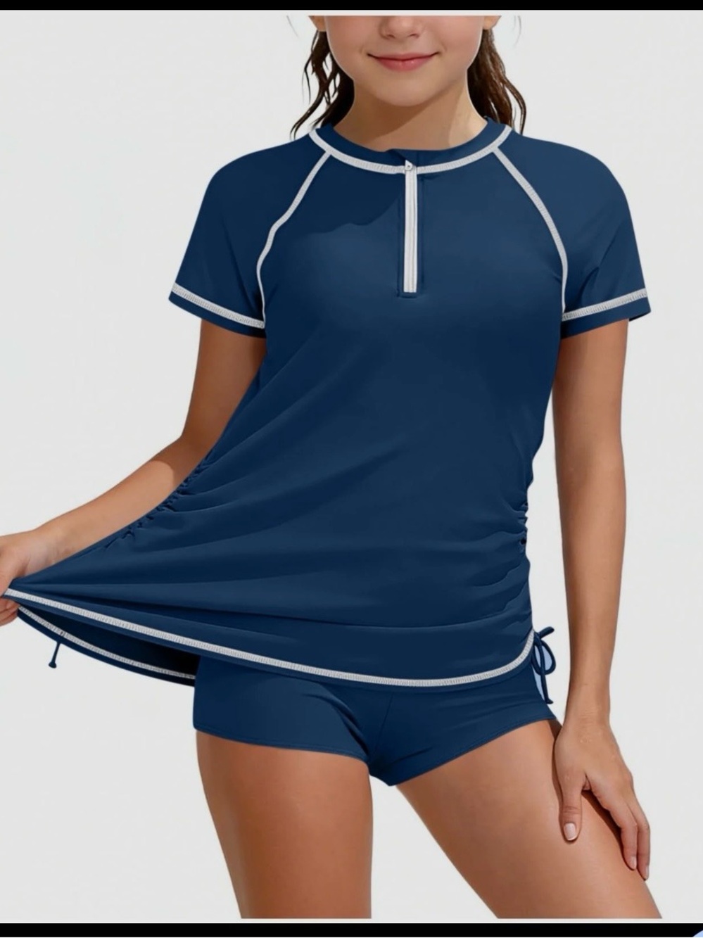 Girls Navy Short Sleeve Rash Guard Swim Set with Contrast Trim